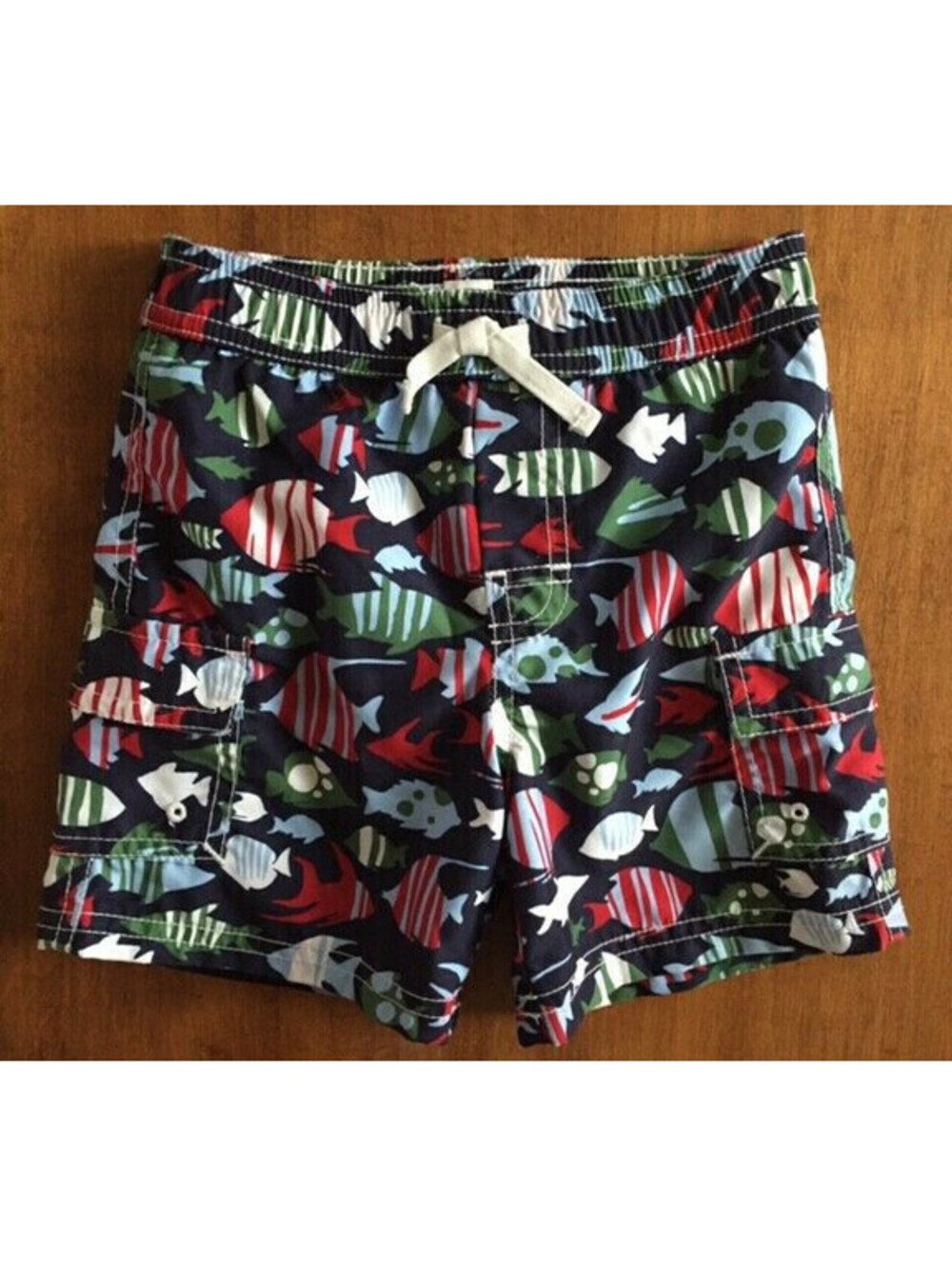 NWOT Boys BABY GAP SWIM TRUNKS Fish Print CARGO POCKETS Elastic INFANT 12-18 MOS